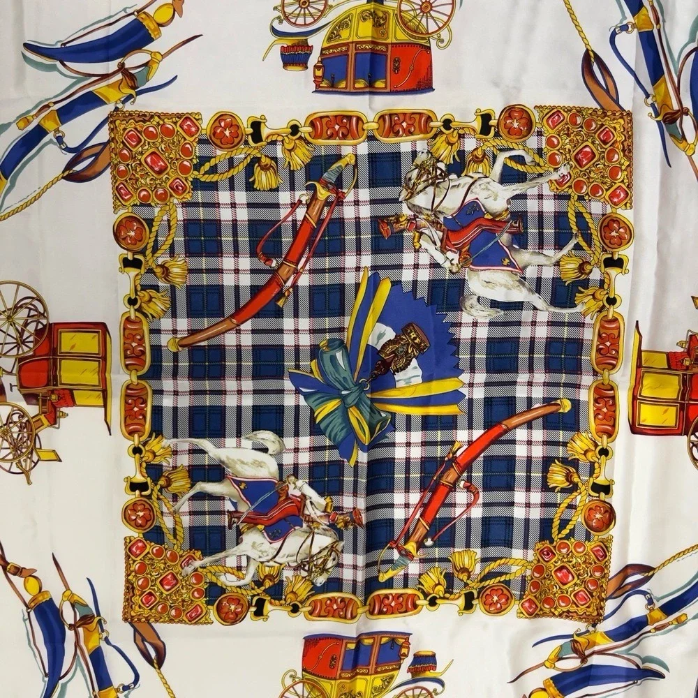 Vintage Italian Silk Square Scarf Navy Blue Plaid Equestrian Carriage Motif‎